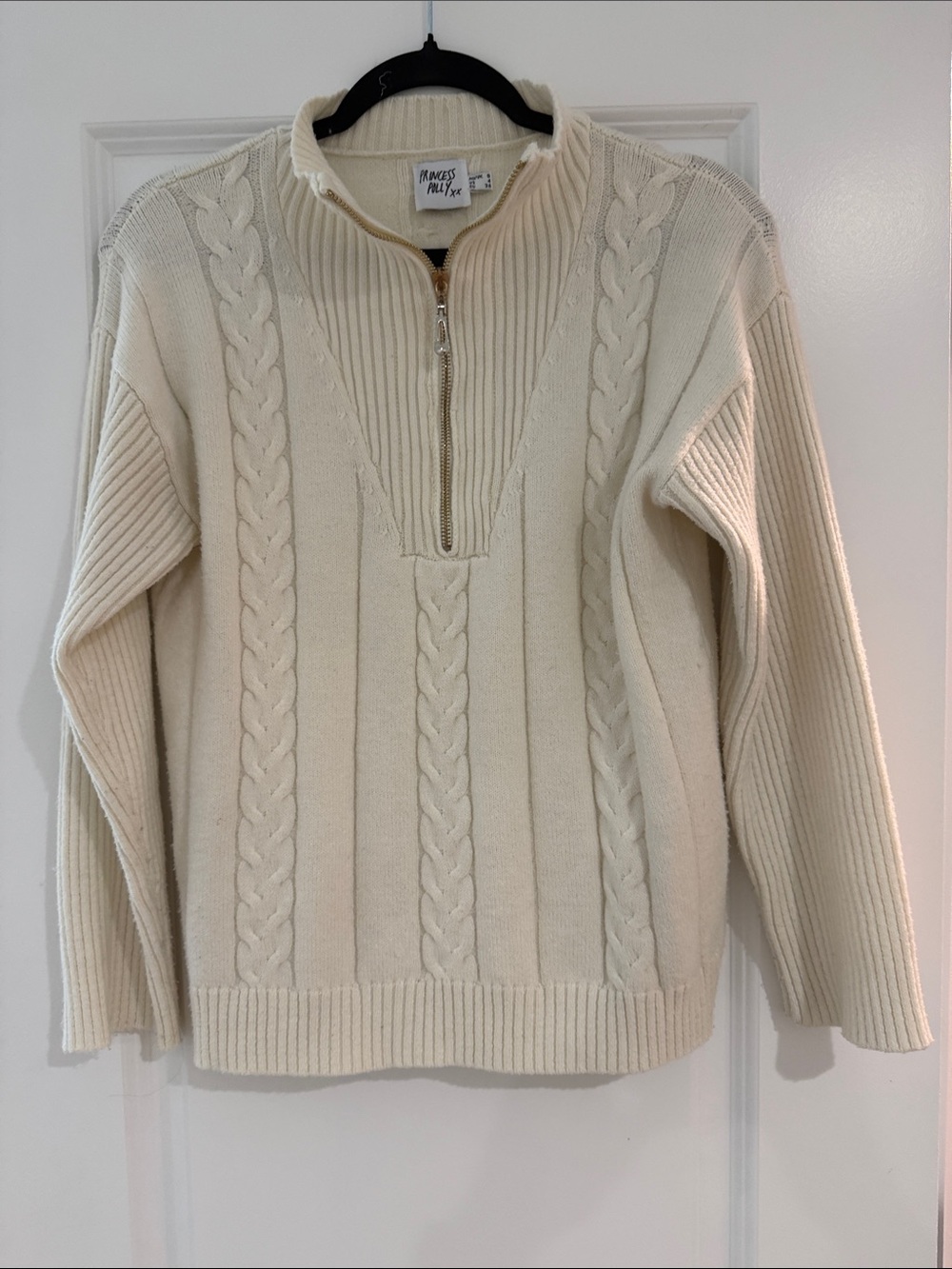 Princess Polly Cream Cable Knit V-Neck Half-Zip Sweater